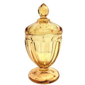 Canary Yellow Depression Glass Jar Pedestal Apothecary VTG Chandelier Lid Dish
